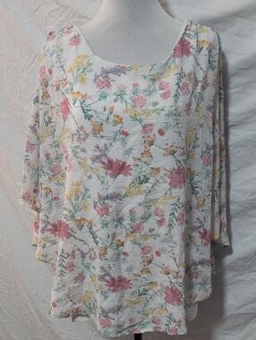 I.N. Studio White Scoop-Neck Floral Tunic with Pink & Yellow Blooms